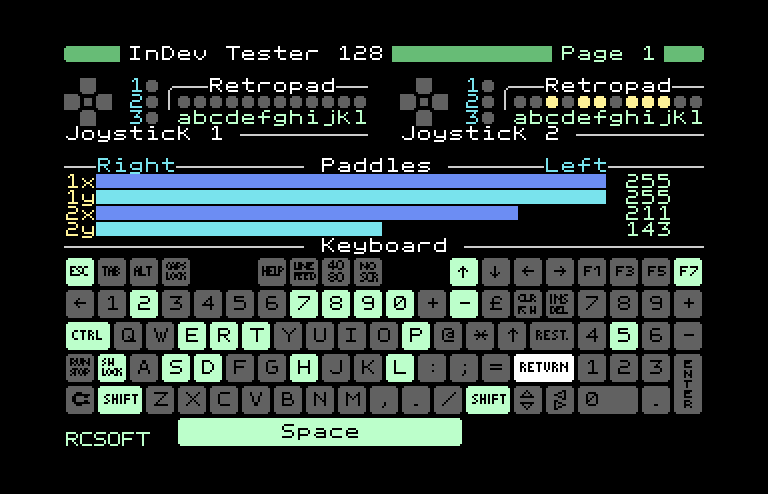 Pantalla 1, prueba de teclado, paddles y
                  joysticks Atari