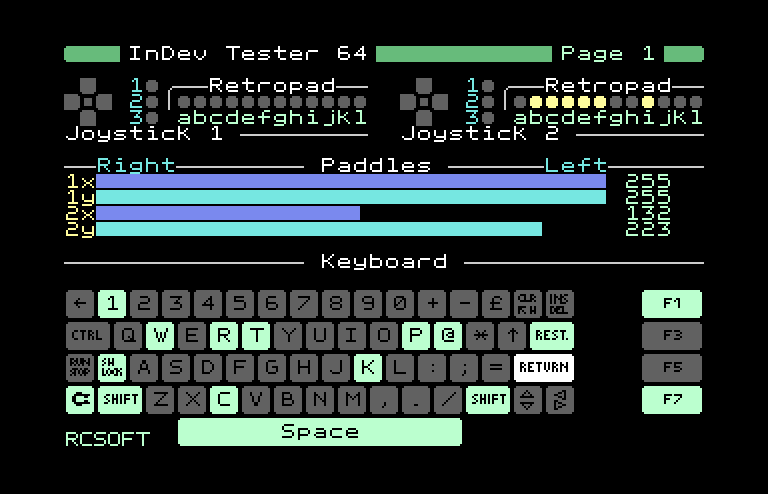 Pantalla 1, prueba de teclado, paddles y
                  joysticks Atari